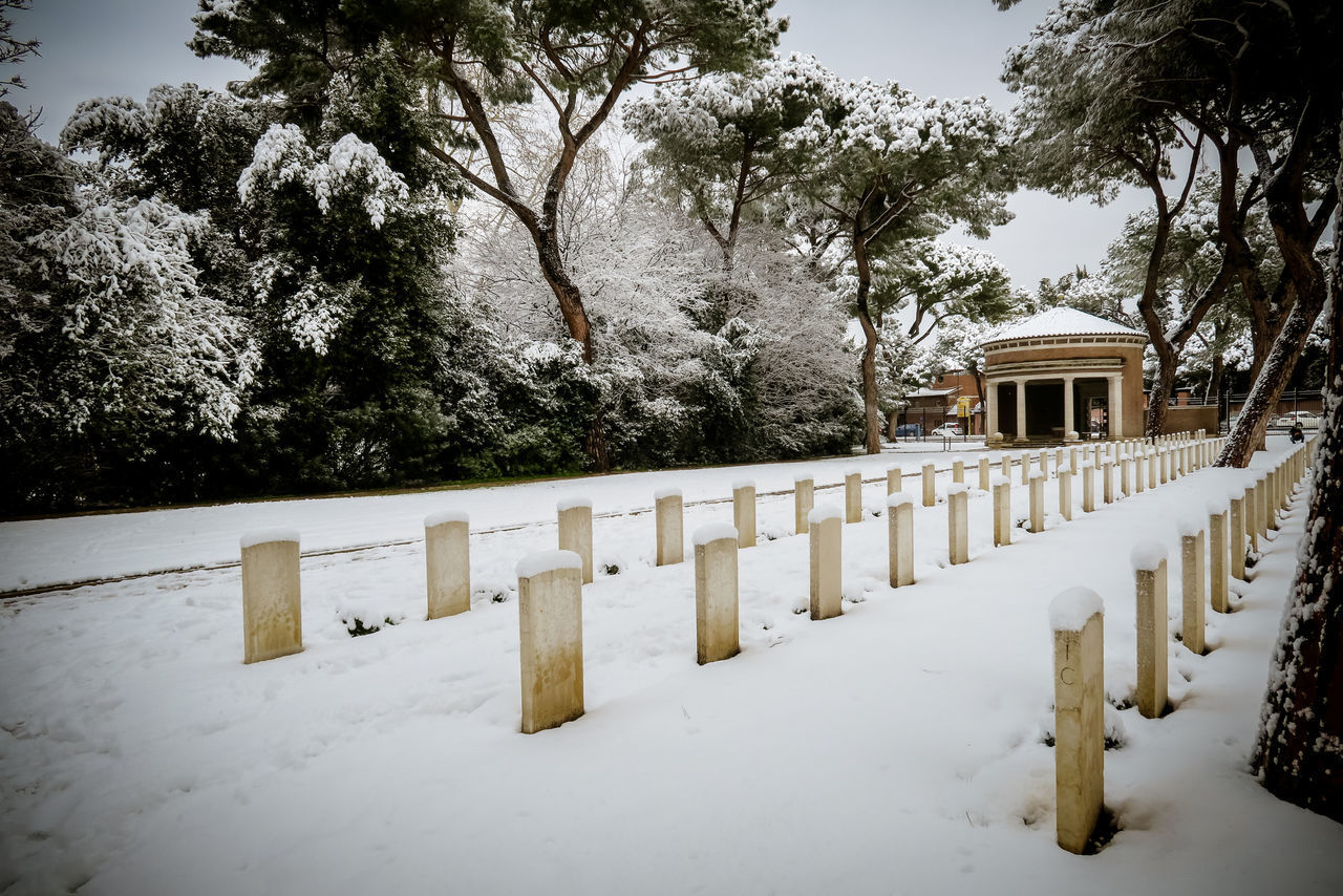 VIEW OF CEMETERY AGAINST SNOW COVERED LANDSCAPE