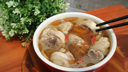 High angle view of soup in bowl on table