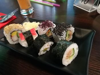 High angle view of sushi in plate on table