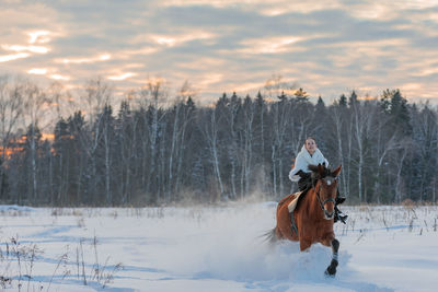 A girl in a white cloak rides a brown horse in winter.