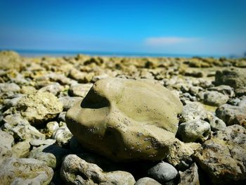 Close-up of sand on beach against sky
