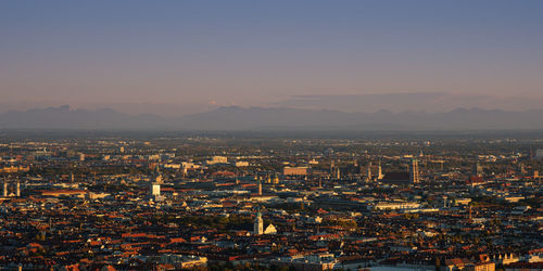 High angle view of buildings against sky during sunset