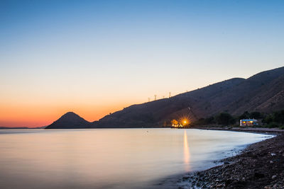 Scenic view of sea against clear sky during sunset