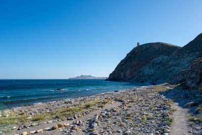 Scenic view of sea against clear blue sky