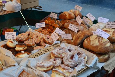 High angle view of sweet food for sale in bakery