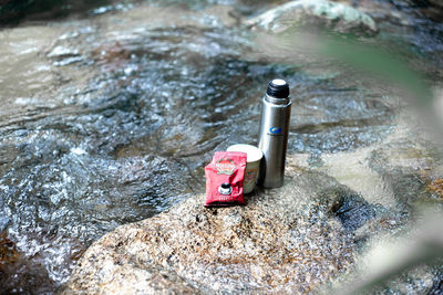 High angle view of water on rock in river