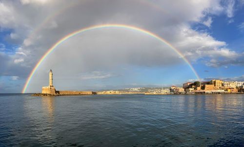 Scenic view of rainbow over river against sky