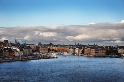 City by river against sky