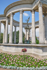 Low angle view of flowering plants by historic building