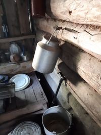 High angle view of old tea cup on table