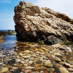 Rock formation on beach against sky