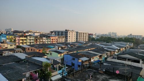 High angle view of buildings in city