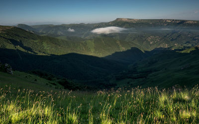 Scenic view of field and mountains against clear sky