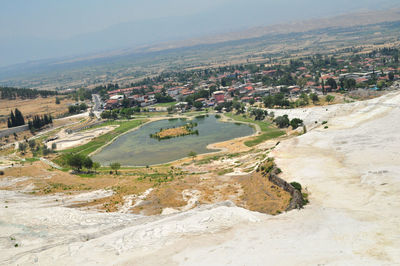 High angle view of buildings against sky