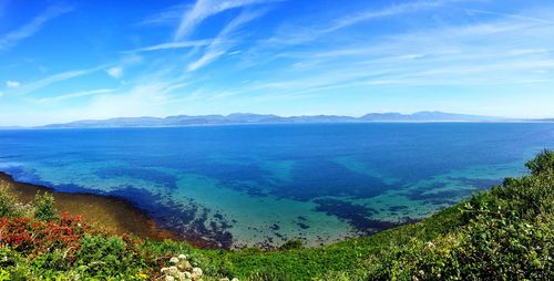 High angle view of sea against blue sky