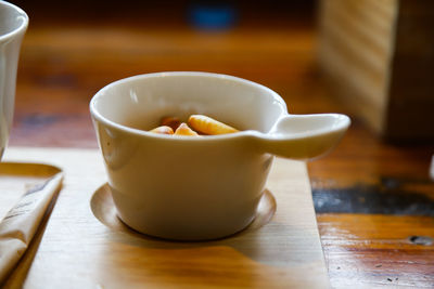 High angle view of tea cup on table