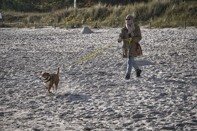 Walking the dog on the  beach