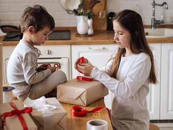 Portrait of siblings with christmas decoration