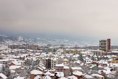 High angle view of townscape against sky during winter