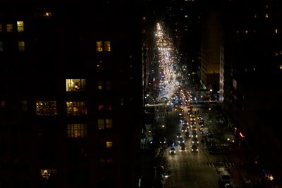 High angle view of illuminated buildings at night