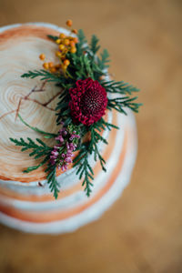 High angle view of christmas ornaments on table