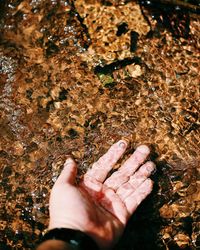 High angle view of hand on water