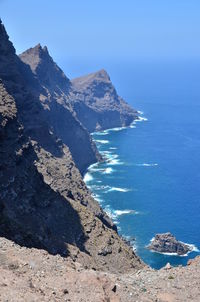 Scenic view of sea and mountains against sky