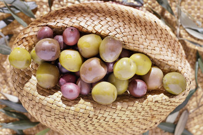 Black and green olives
 on straw hat