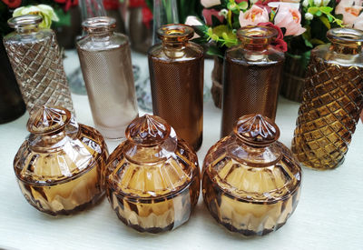 Close-up of glasses on table