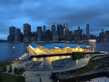 City skyline against cloudy sky