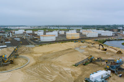 High angle view of construction site against sky