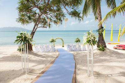Scenic view of swimming pool by sea against sky