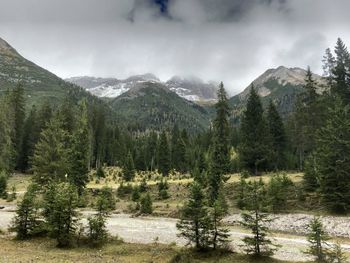 Scenic view of mountains against cloudy sky