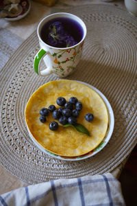 High angle view of breakfast served on table