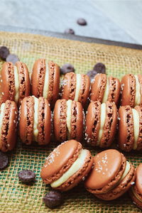 High angle view of macaroons in plate at home