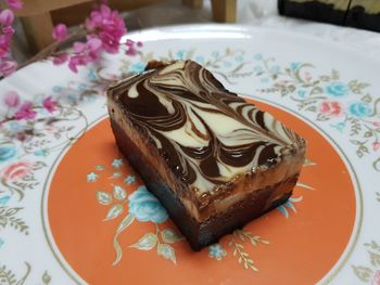 Close-up of cake served on table