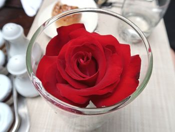 Close-up of red rose on table