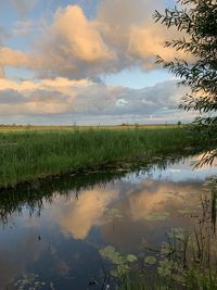 Scenic view of lake against sky during sunset