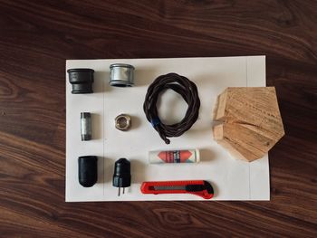High angle view of camera on table