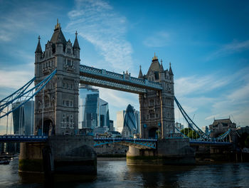 Bridge over river with city in background