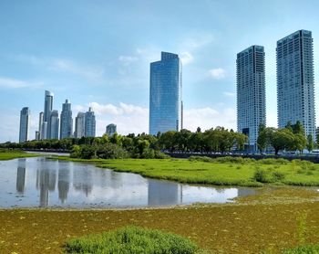 Reflection of buildings in lake in city