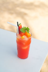 Close-up of drink served on table