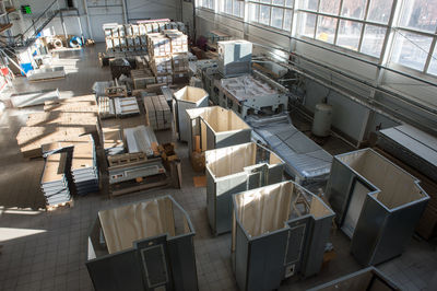 High angle view of storage unit at workshop