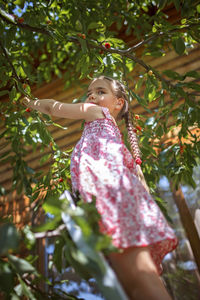 Low angle view of girl looking away on tree