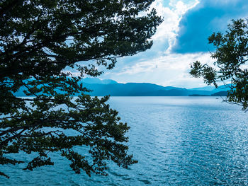 Scenic view of sea against blue sky