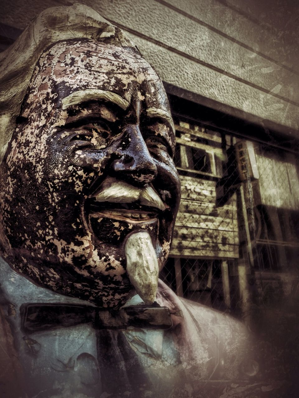 old, abandoned, deterioration, damaged, run-down, weathered, wood - material, obsolete, close-up, statue, rusty, sculpture, art and craft, human representation, indoors, built structure, art, bad condition, day, wood