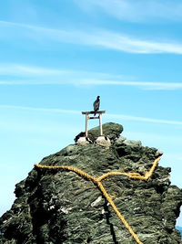 Low angle view of rock on sea against sky