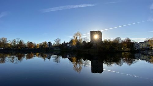 Reflection of trees in lake against sky