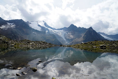 Scenic view of snowcapped mountains against sky mirrored in lake