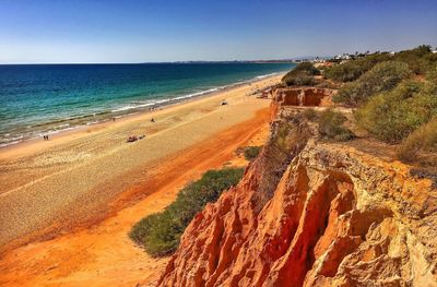 View of calm beach against blue sky